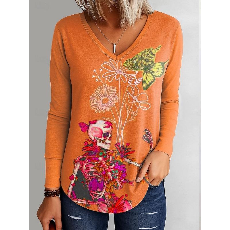 Halloween Women's T-Shirts Graphic Skull Elegant Vintage Tees Long Sleeve T-shirts V-Neck Regular Tops Casual Pullover Fall