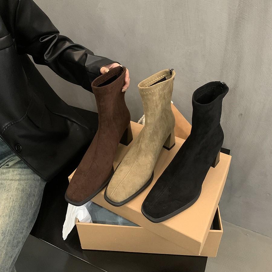 Women's high-heeled short boots 2025 new autumn and winter French retro suede thick-heeled thin boots foreign-style Korean small ankle boots