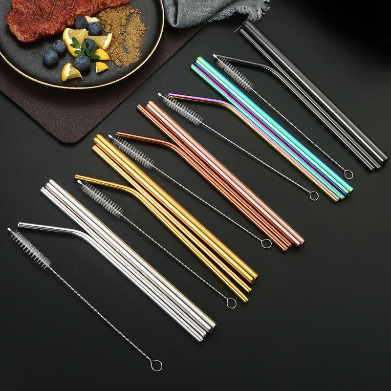 304 Stainless Steel Straw Set Color Metal Straw Restaurant Milk Tea Beverage Coffee Tube Straight Pipe Elbow Set