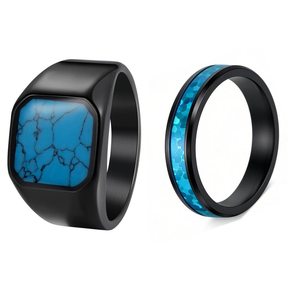 Cross-Border Stainless Steel Couple Wedding Rings with Turquoise, Opal & Seal Designs