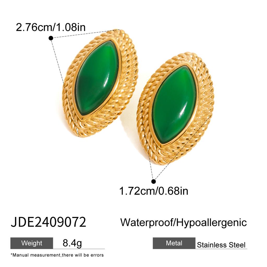 Youthway Retro Elegant Stainless Steel Threaded Green Agate Oral Stud Earrings For Women Fashion Jewelry Allergic Accessory