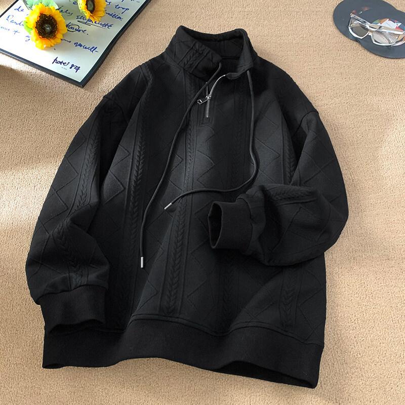 Frühling Amerikanischer Design-Sinn Jacquard Halbreißverschluss Revers Sweatshirt Textur Locker Jacke Herren