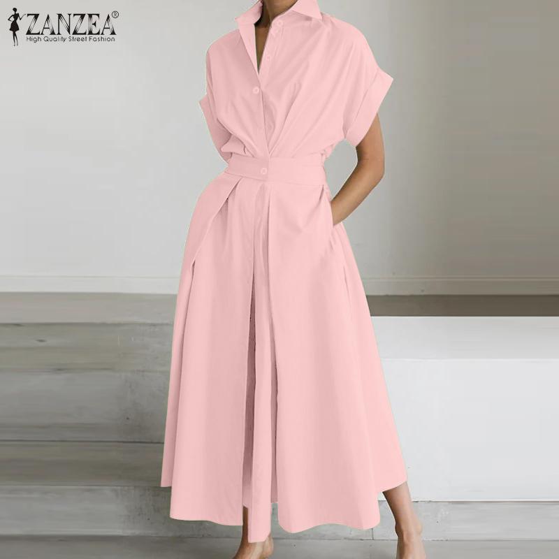 ZANZEA Ženy Turn Down límeček s krátkým rukávem Ležérní dlouhé košilové šaty