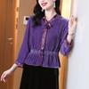 Bow V-neck Velvet Shirt Top 2025 Autumn and Winter Women's Skirt Waist Shirt