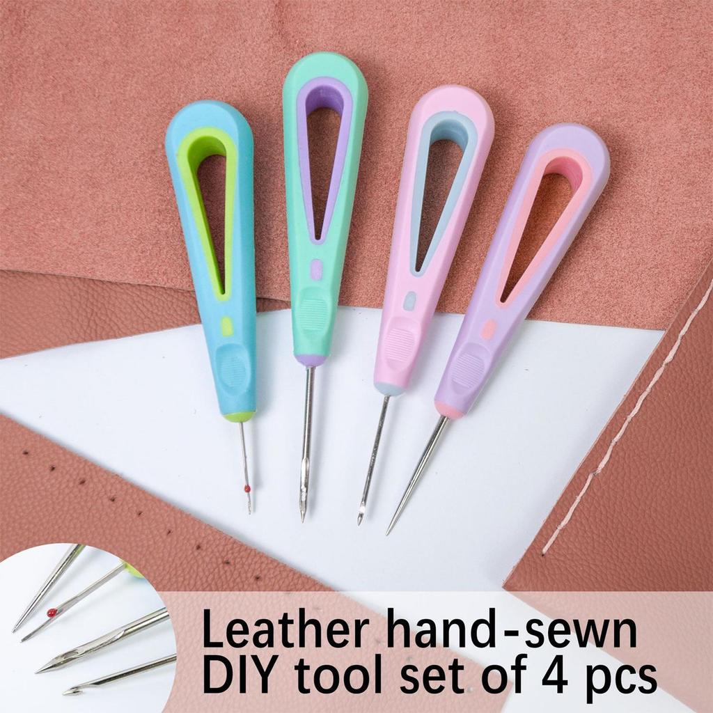 4Pcs Leather Sewing Awl Kit with Threader for Hand Stitching Repair Embroidery DIY Craft Shoe Bag Making Beginner Tool