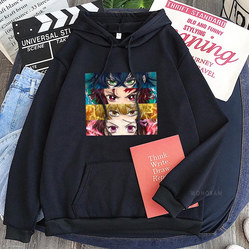Anime Demon Slayer Kamado Tanjirou/Nezuko Eyes Hoodies Funny Manga Cartoon Fashion Streets Unisex Oversize Patchwork Sweatshirts