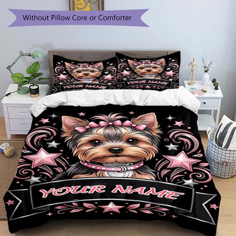 3pcs Custom Name Yorkie Star Bedding Set Printed Bedding Set Duvet Cover Closure Includes 1 Duvet Cover & 2 Pillowcases Bedroom Decor