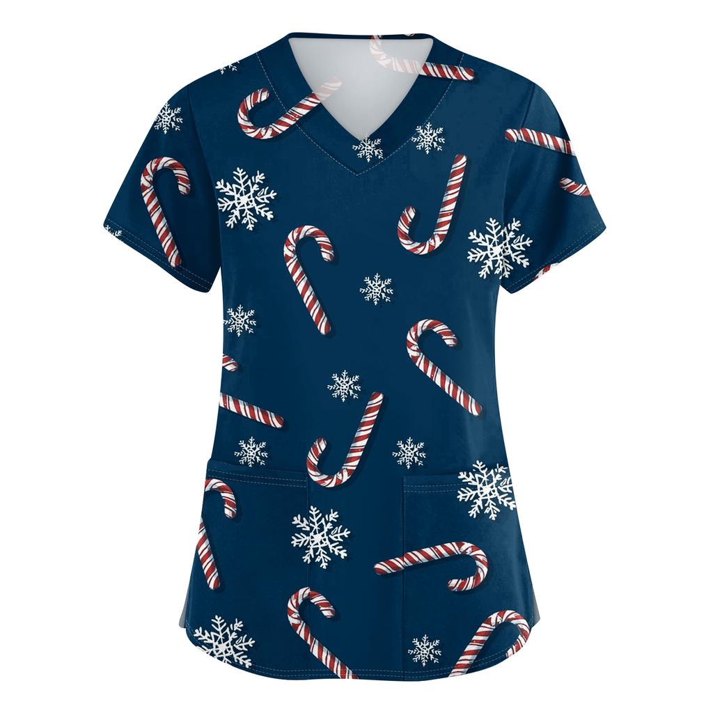 Women's V-neck Christmas printed short-sleeved pocket side-slit protective suit top