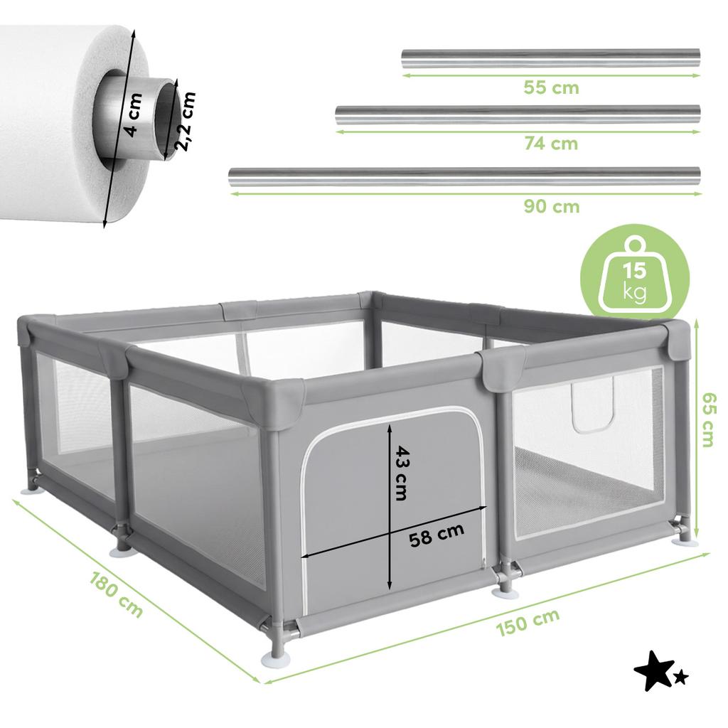 Kivo Baby Playpen 150X180 Cm Large Dry Children'S Pool Playground Gray