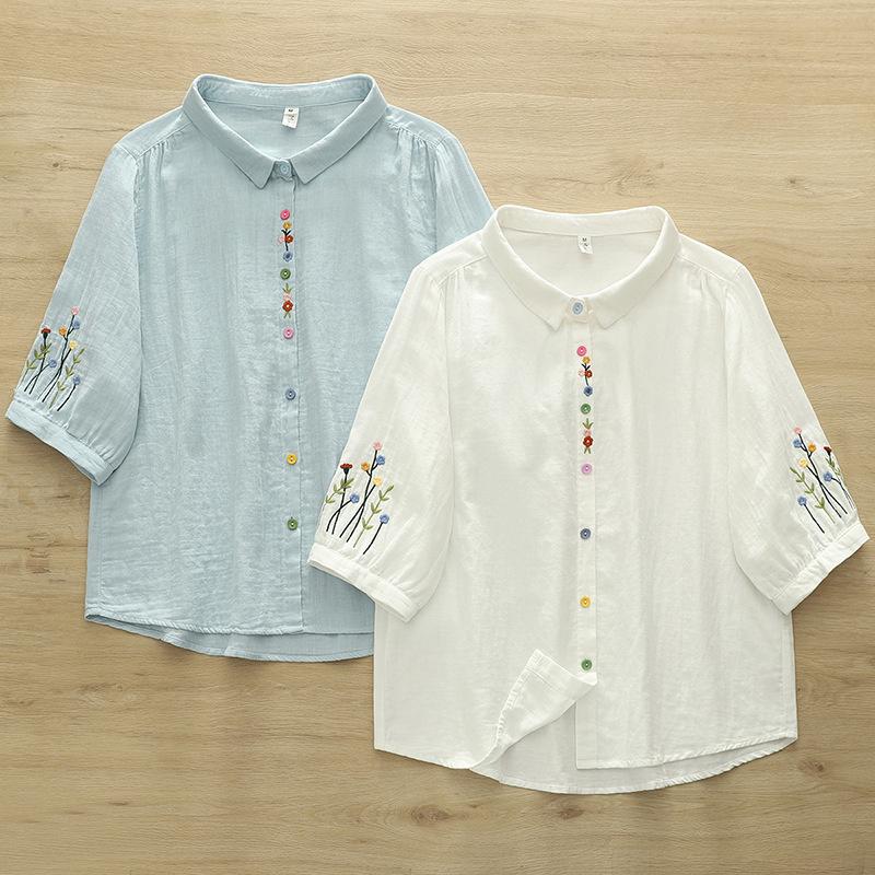 Artistic and fresh breathable cotton gauze turn-down collar short-sleeve shirt for women, casual summer double-layer gauze top