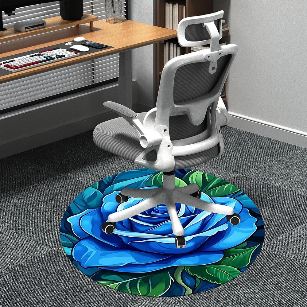 1pc Blue Rose Office Round Area Rug, Indoor Mat Suitable ForOffice, Under Office Chairs Bedroom Living Room Home Decor, Room Deco  D095
