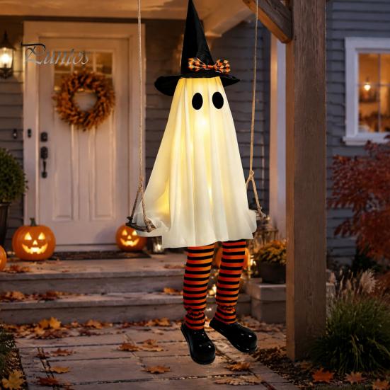Ijesztő Tornácra Akasztható Díszek Halloween Lengő Szellem Dekoráció, Világító Nagy Lengő Fesztivál Hangulatú Kellékek Boszorkánykalap és Csíkos Lábak ehhez