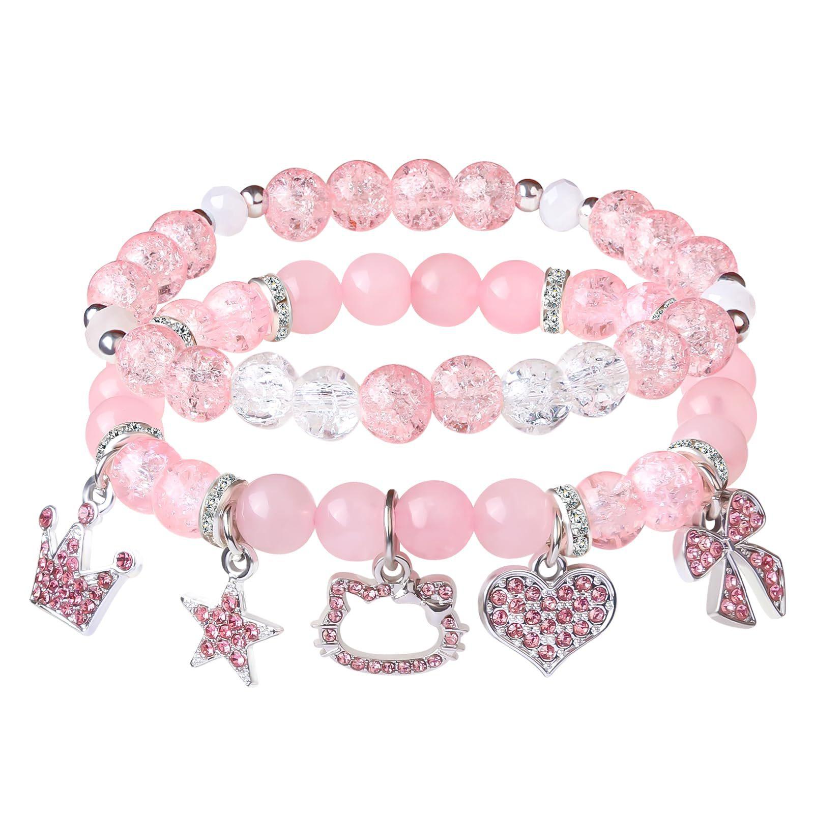 Pink Popcorn Bead Bracelet Rhombus Bead Beaded Cartoon Kitten Pendant Holiday Gift Cat Pendant Bracelet Set