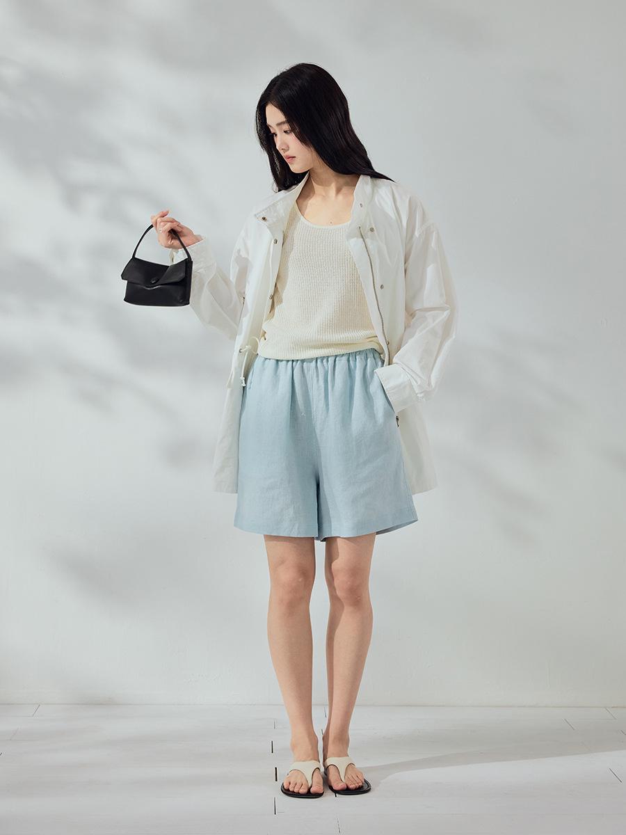 Shi Jian 2026 Spring Linen Shorts: High-Weight, Loose Micro-A Silhouette светло-синий