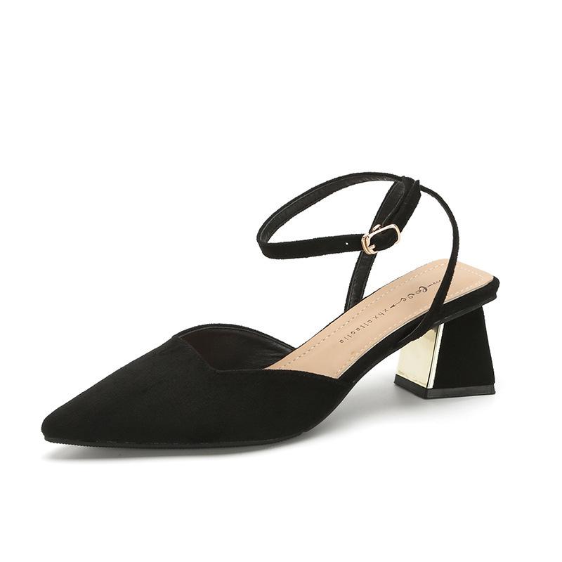 

Кожаные балетки для женской обуви Хуэйчжоу каблуки крутые шлепанцы носить острый носок лето новые босоножки на высоком каблуке женские 34 чёрный