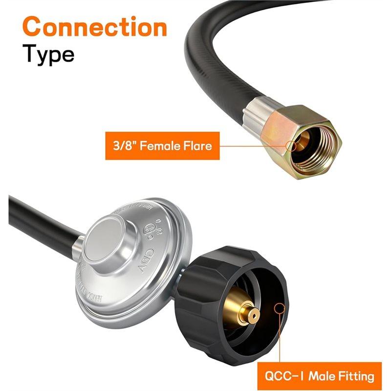 AAAF Propane Regulator With 20 Lb Tank Connection, 5 Ft Hose, Universal Grill Replacement 3/8" Female Flare