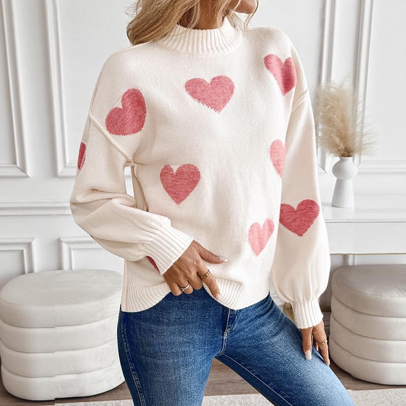 2025 Autumn/Winter Love Jacquard Knit Sweater - EU/US Semi-High Neck Women’s Lazy Style