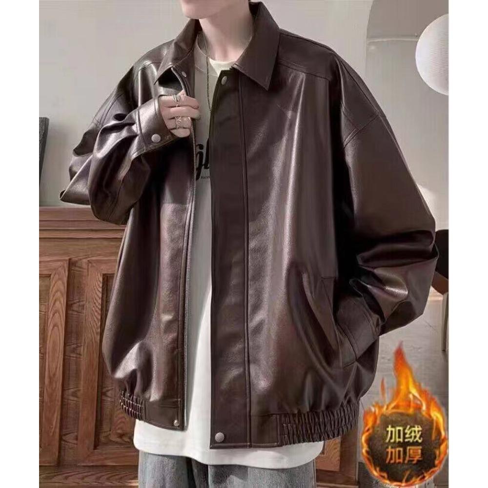 

American retro leather jacket men s winter velvet thickened high-end ruffian handsome casual loose pu leather lapel jacket M