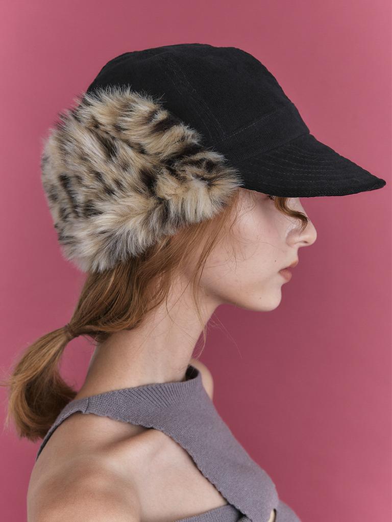 Poejidam Fur Earflap Cap In Black Leopard