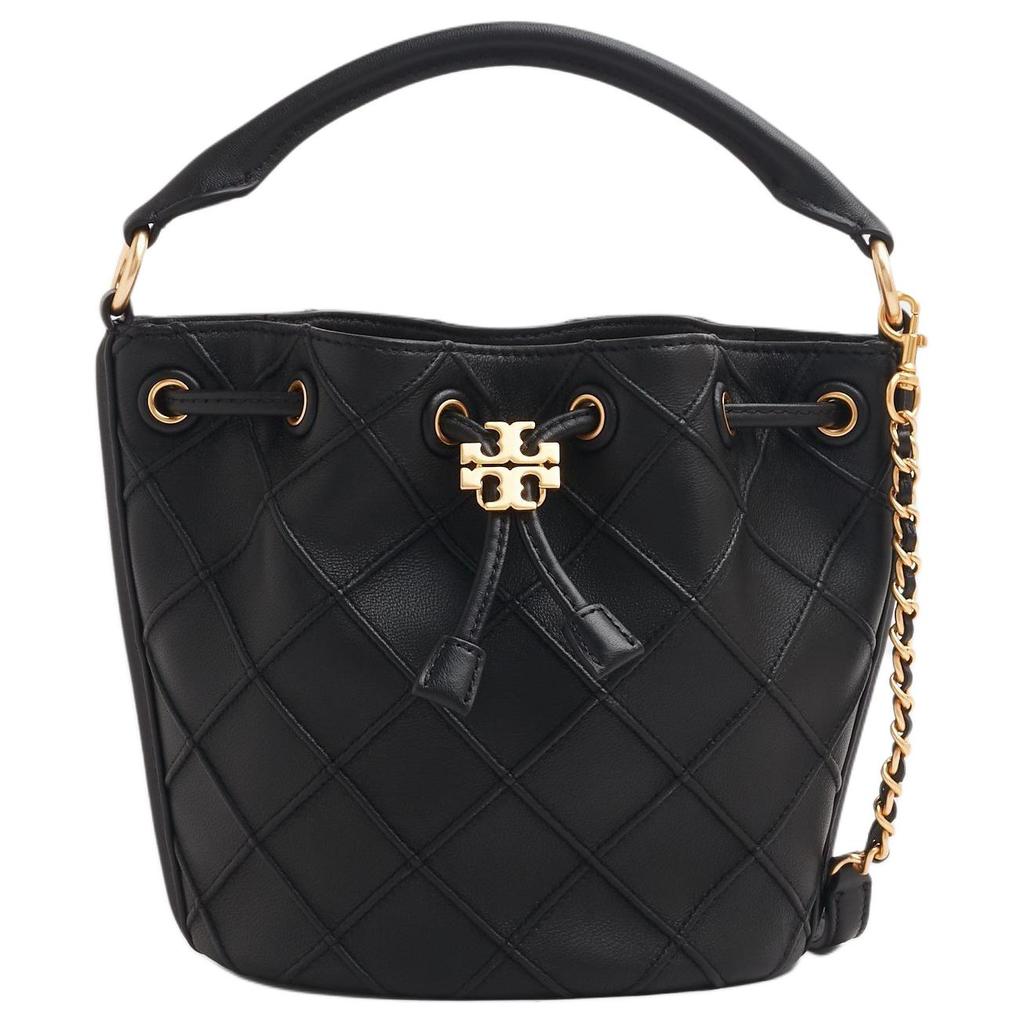 Tory Burch Fleming Logo Brass Accents Pleated Quilted Leather Bucket Bag Women Handbags Black 142565-001