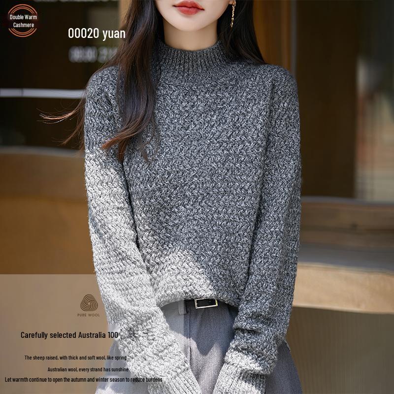 Women's Marled Wool Sweater - Thickened Half-High Neck, Basketweave Loose Pullover, Lazy Style Base Layer Top