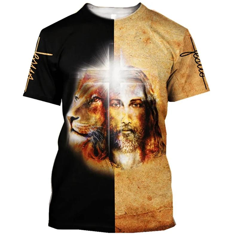 Löwe Jesus Muster T-Shirt Für Männer Retro Rundhals Kurze Ärmel Oberteile 3D Gedrucktes Christliches T-Shirt Sommer Locker T-Shirts