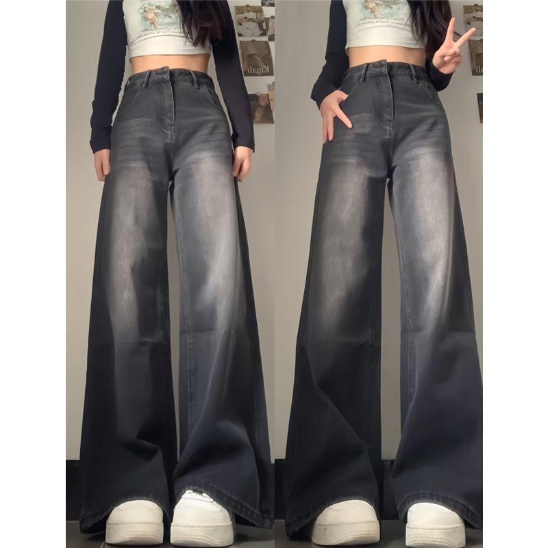 

Black and Gray Wide Leg Denim Women s Summer Thin Plus Size Ladies High Waist Slimming Straight Pants 2025 New Arrival Cover Pants Smoke Black 3XL([Recommended 80.00 kg-90.00 kg]])