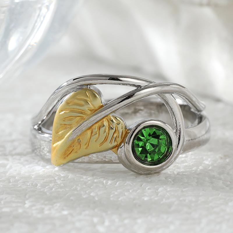 Vintage Inlaid Green CZ Leaf Women's Ring Trendy Two Color Geometry Daily Wear Party Jewelry Anniversary Gift