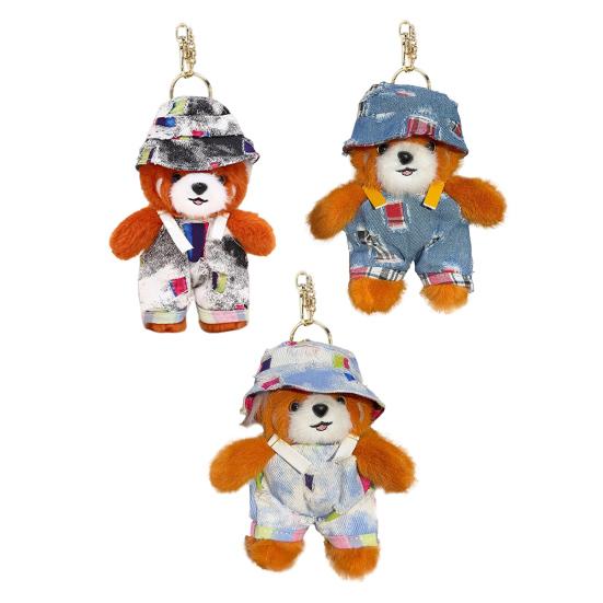 Plush Red Panda Keychain Denim Overalls Hat Stuffed Red Panda Key Ring Backpack Schoolbag Hanging Decoration Bag Charm Purse Pendant