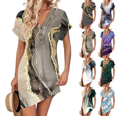 Women's Dress V Neck Button Short Sleeve Casual Summer Tunic Dresses Loose Dress