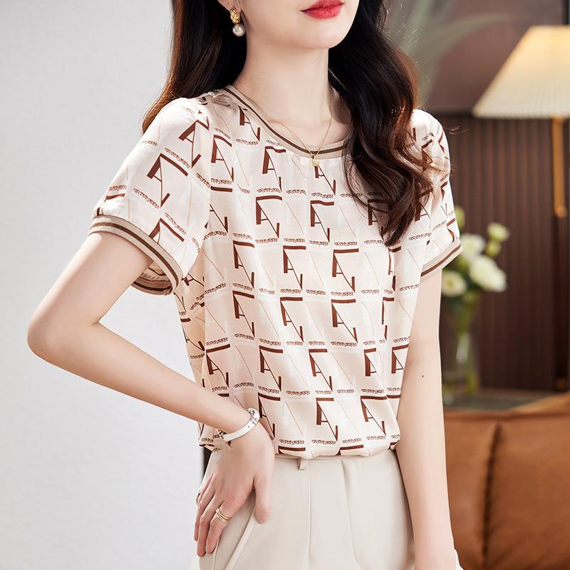Trendy brand design silk t-shirt short-sleeved top round neck printed temperament beautiful mulberry silk shirt women's