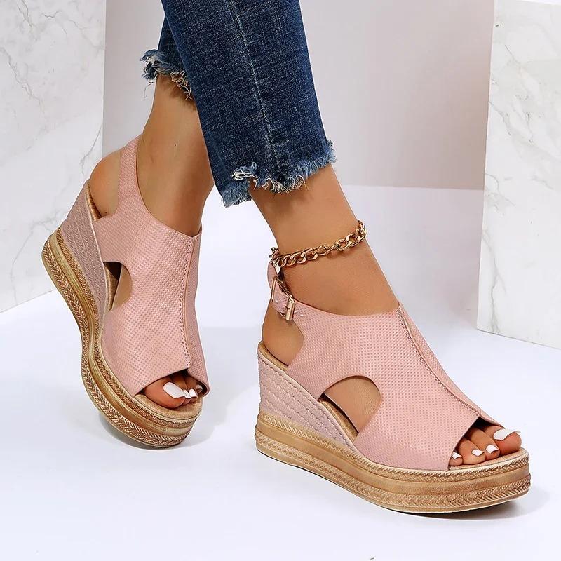 Fashion Summer Plus Size Wedge High Heels Sandals Women 2024 Peep Toe Platfrom Sandals Woman Buckle Strap Non Slip Beach Sandles Mujer
