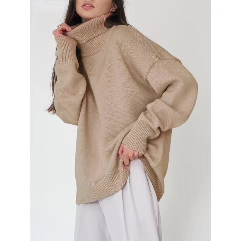 New Arrival Fall and Winter Plaid Loose All-Matching Graceful Pullover Turtleneck Sweater Turtleneck Loose Sweater
