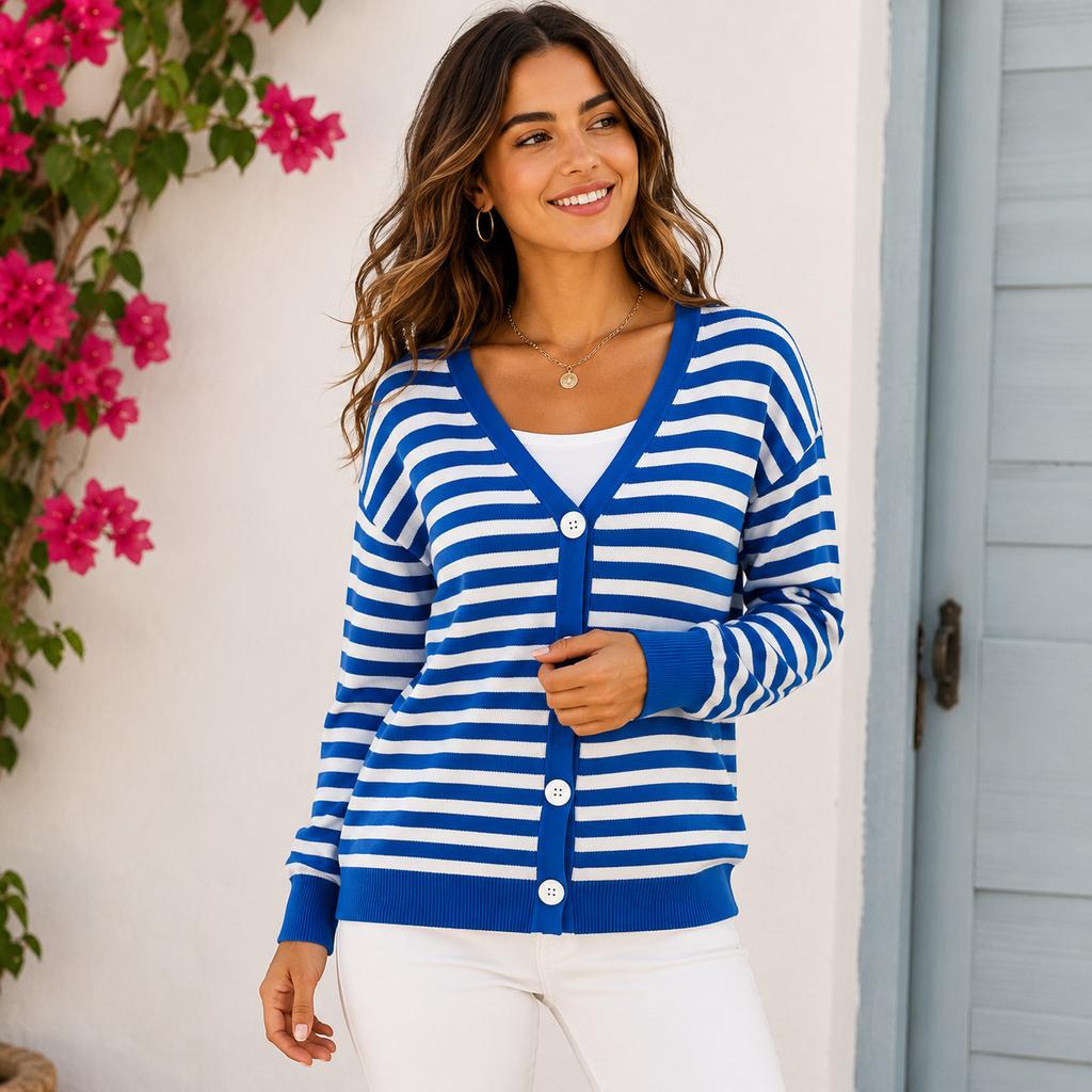 Women's Striped V-Neck Single-Breasted Lightweight Knit Cardigan Loose Fit