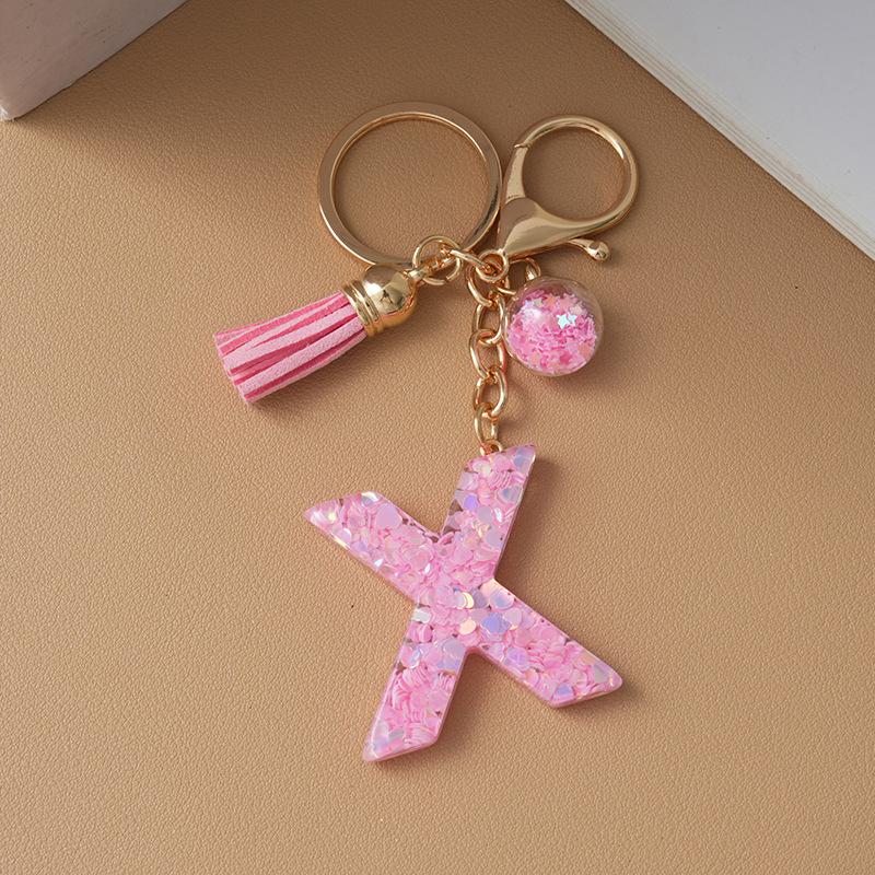 Pink Pompom Letter Keychain English Alphabet Keyring Glitter Gradient Resin Car Mirror Accessory Women Handbag Charms