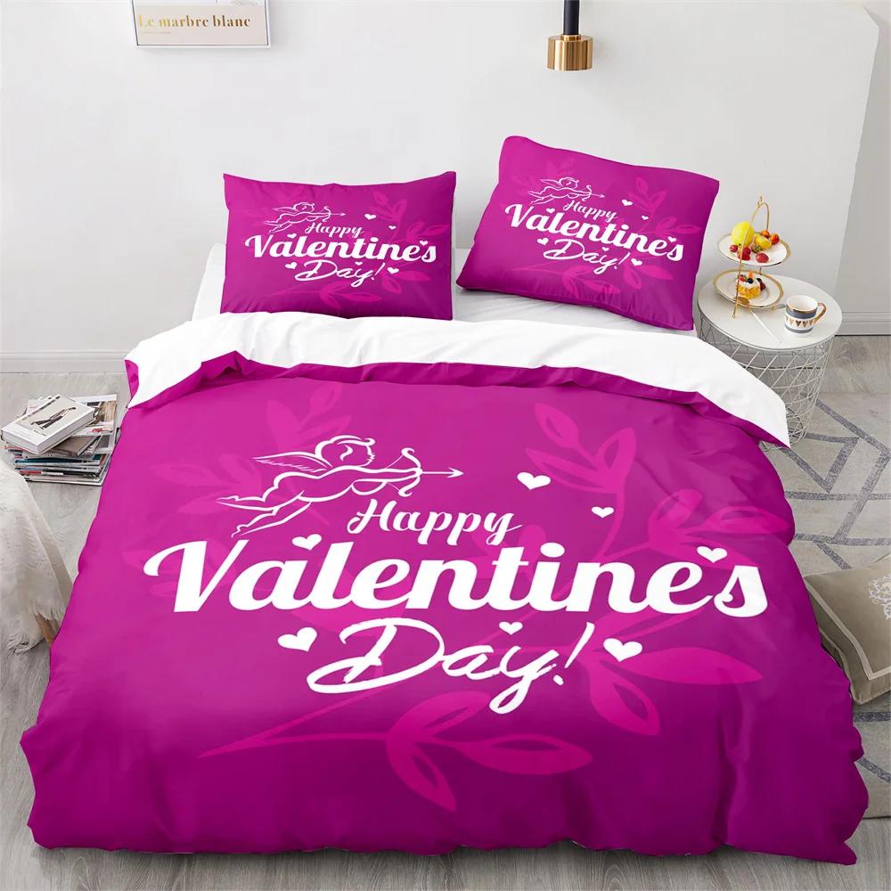Valentine'S Day King Queen Duvet Cover Angel Cupid Bedding Set For Teens Adults Romantic Couple 2/3 Pcs Polyester Quilt Cover
