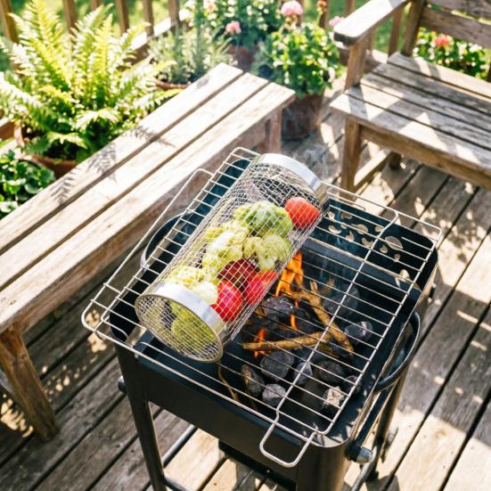 Rolling Grill Basket Stainless Steel Meat Shrimp Vegetables BBQ Grilling Net