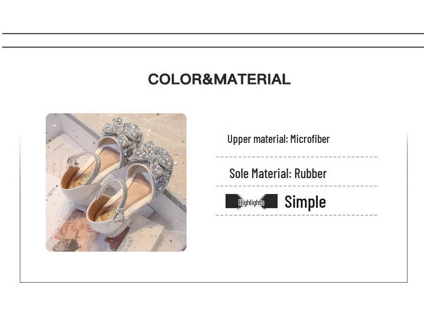 Scarpe col tacco alto da bambina argentate con strass, stile principessa - Scarpe eleganti chiuse in punta con fiocco e suola morbida