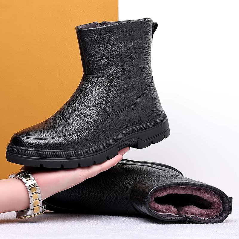 Winter Wool Men's Cotton Shoes Cowhide High-top Snow Boots Velvet Warm Leather Boots Tall Men's Shoes