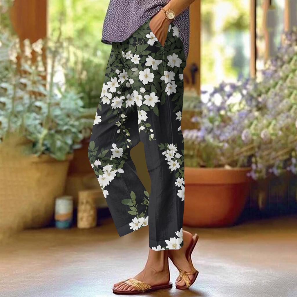 Women's Casual Fashion Floral Printed Straight Leg Pants Pants With Pockets