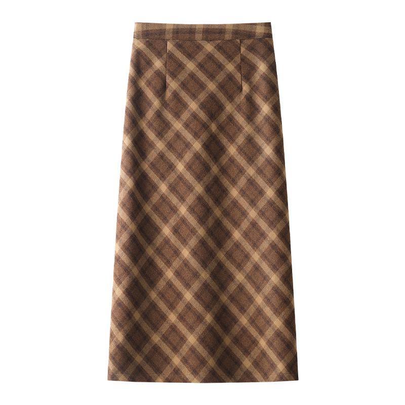 Gray Plaid Woolen Midi Skirt, Autumn/Winter 2024, Women's High Waist Slimming Bodycon.