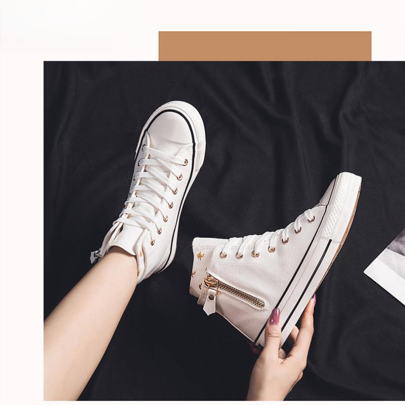 2025 Spring Summer New Strappy Flat Mid-Top Canvas Shoes Side Zipper Women's Sneakers Casual Shoes Student Cloth Shoes