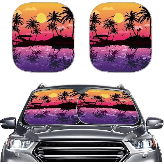 Coldinair Sunset Front Windshield Shade 2Pcs Sunshade for Car Windshield Folding Car Accessories for Truck SUV Sun Visor Protector, Tropical Palm