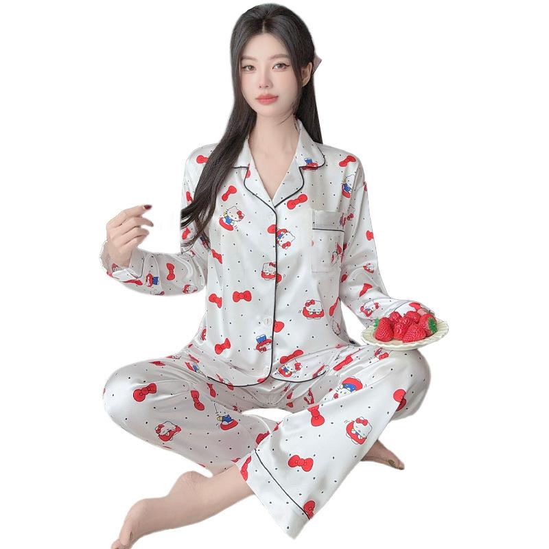 French Cute Ice Silk Pajamas Women'S Spring And Autumn Thin Sweet Polka Dot High-End Loungewear Long-Sleeved Two-Piece Set