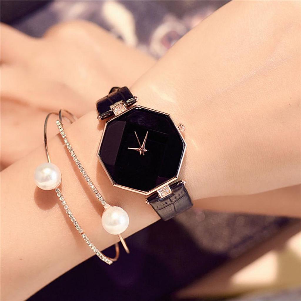 Women 's Faux Leather Band Analog Quartz Rhombic Case Wrist Watch Gift