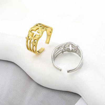 Anel Exagerado de Aço Titânio Vazado Anel Trevo de Quatro Folhas Feminino Abertura Ajustável Casal Anel de Aço Inoxidável