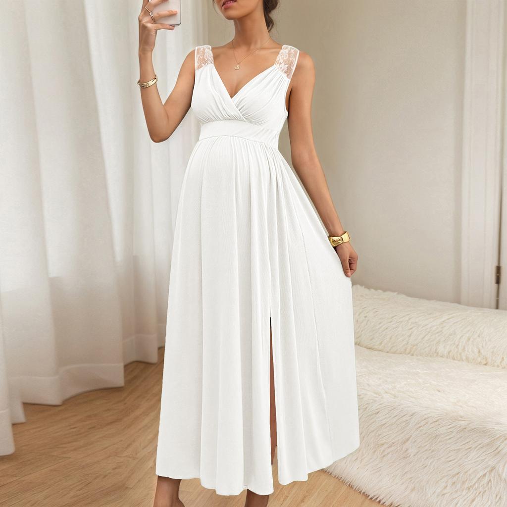 Women's Lace Shoulder Strap Pregnant Women's Long Dress Deep V Split Pregnant Women's Dress