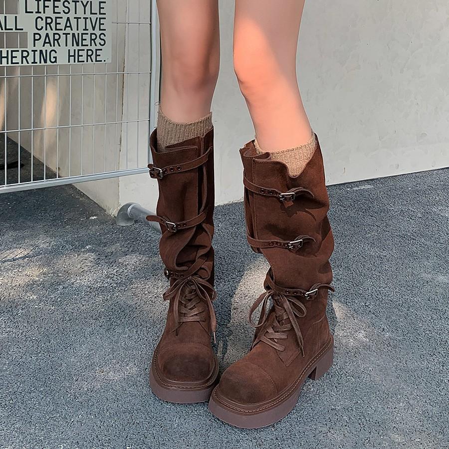 [Fanfna] Kuhleder Schnür-Lokomotivstiefel Retro Amerikanische Martin Stiefel Damen Langstiefel Dicksohlige Ritterstiefel Damen