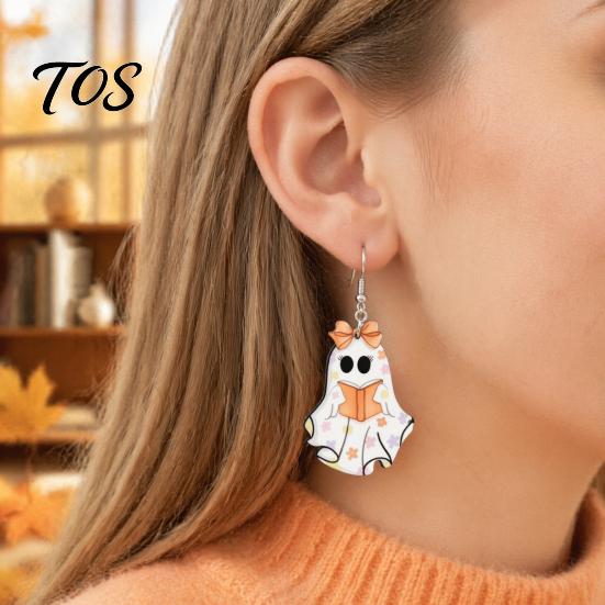 Fun Festival Jewelry Cute Reading Ghost Earrings, Sweet Bowknot Drop Unique Halloween Gifts Lightweight Acrylic for Women Girls Dangle Earrings