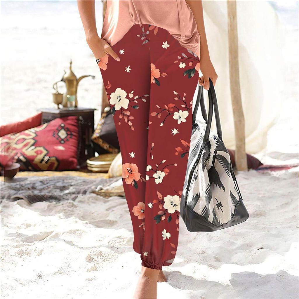 Kadın Günlük Moda Baskılı Düz Paça Pantolon Cepli